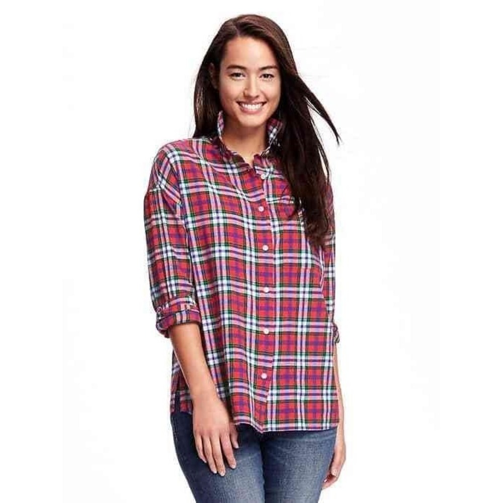 New Old Navy Women Red Plaid Boyfriend‎ Oversized Button Up Shirt XL Preppy